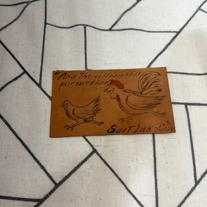 Unbranded Leather Postcard 5.5x3.25 Brown Salt Lake City Rooster Hen Vintage